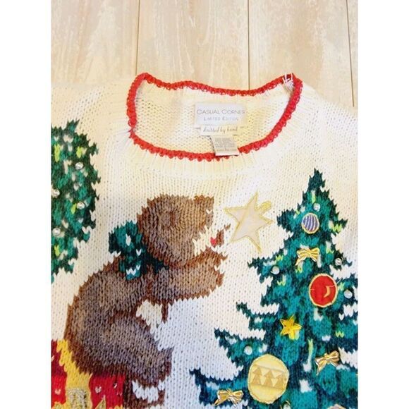 Casual Corner L Heavy Embroidered Bears Christmas Sweater Sz L Vintage 80's - Picture 7 of 8